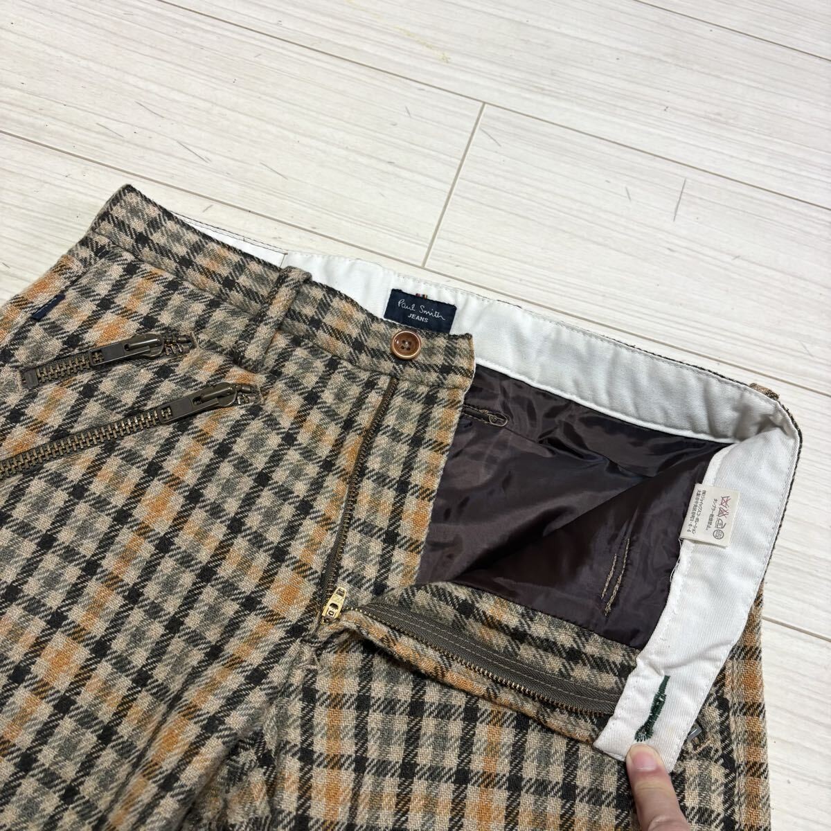 Paul Smith 90s Mixed Check Zipper Wool Pants S Beige Khaki Japan gallery