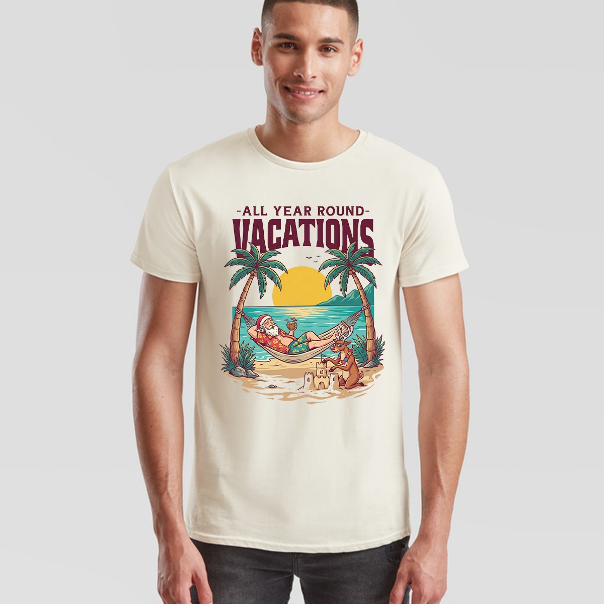All Year Round Vacations Christmas Santa Reindeer Beach Graphic Unisex Tee gallery