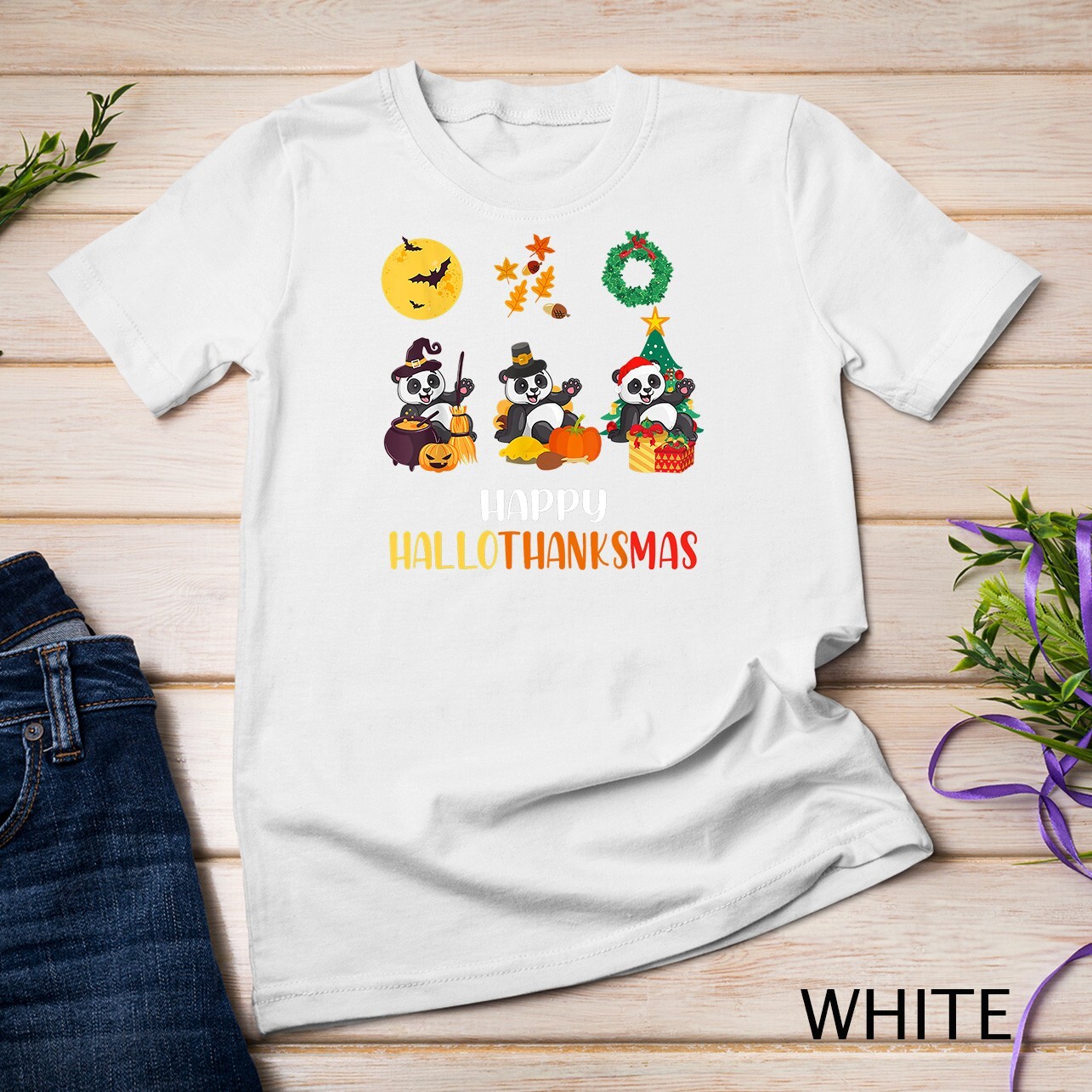 Panda Halloween And Merry Christmas Happy Hallothanksmas T-Shirt Unisex T-shirt gallery