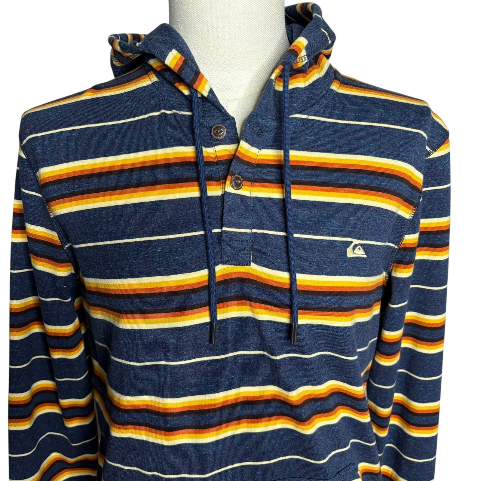 Quicksilver Hooded Henley Long Sleeve Shirt S Blue Striped Kangaroo Pocket NEW gallery