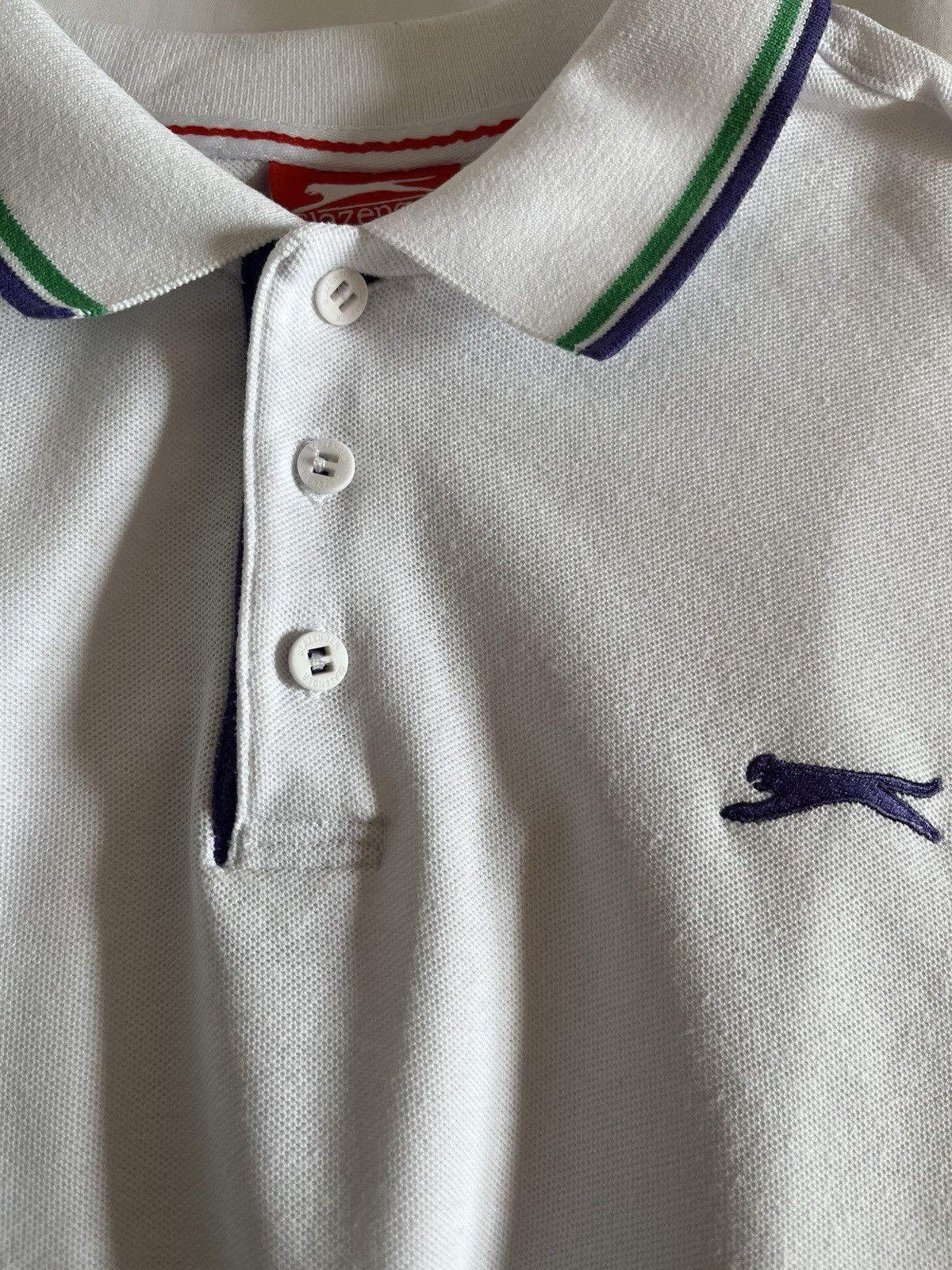 SLAZENGER Men’s Size L White Polo Green Purple Trim Short Sleeve Cotton T-shirt gallery