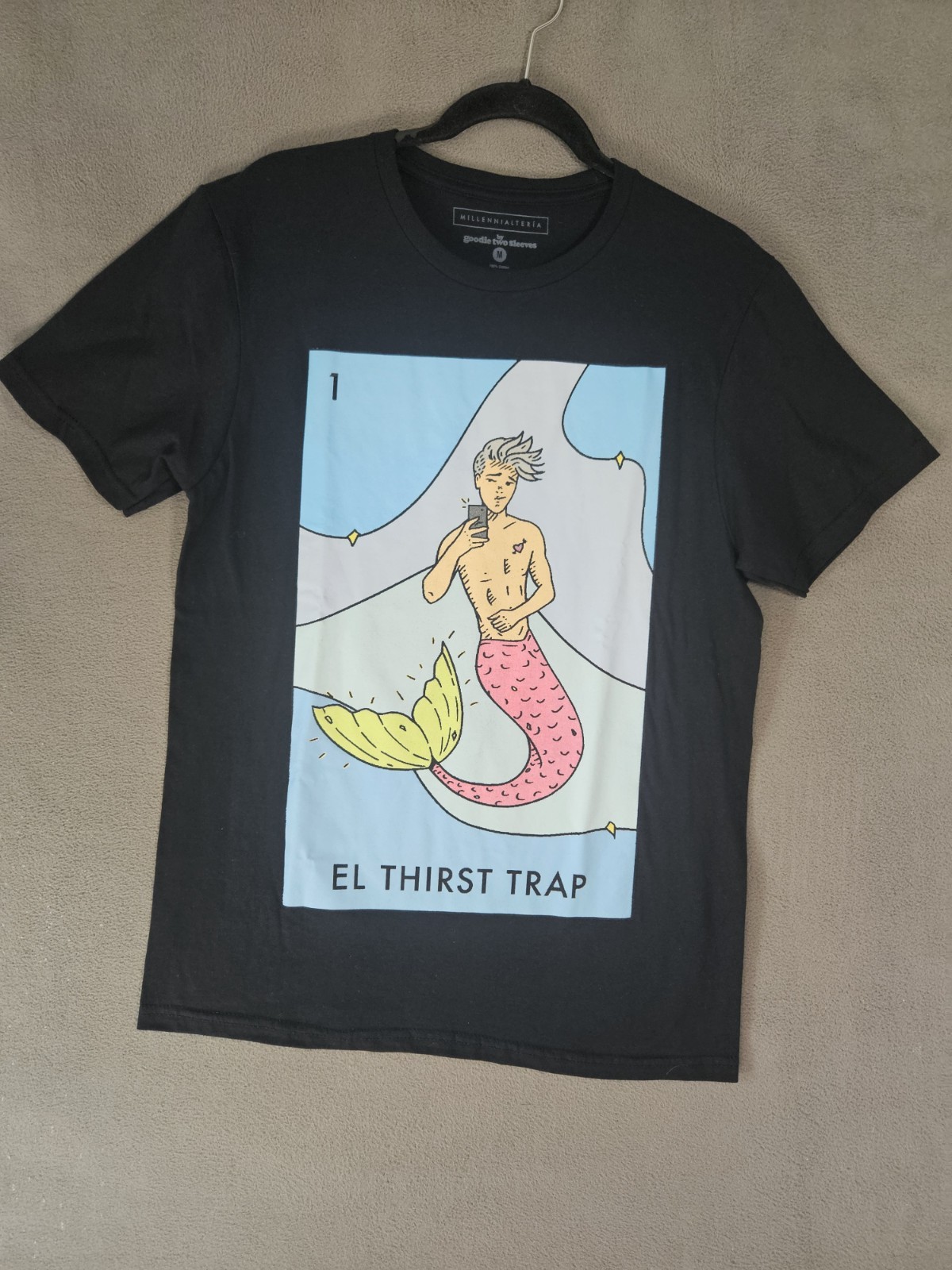 Goodie Two Sleeves Mens M Tee Shirt Graphic El Thirst Trap Card Merman Selfie