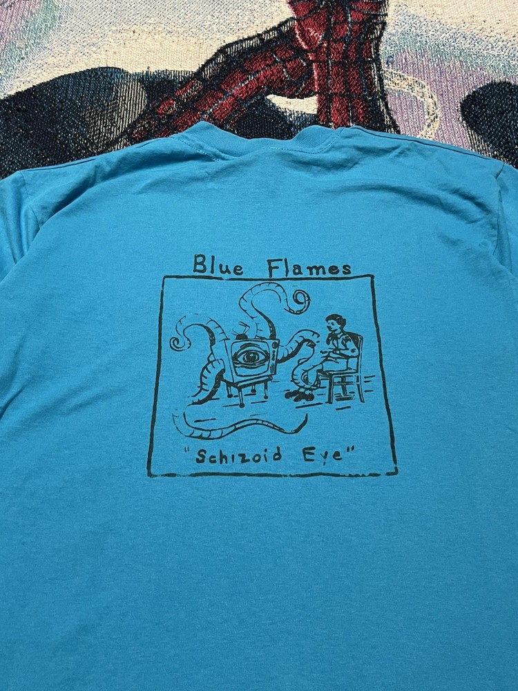 Vintage 80s Blue Flames Schizoid Eye Blue Shirt Men’s L Psychedelic BF Funny Eye