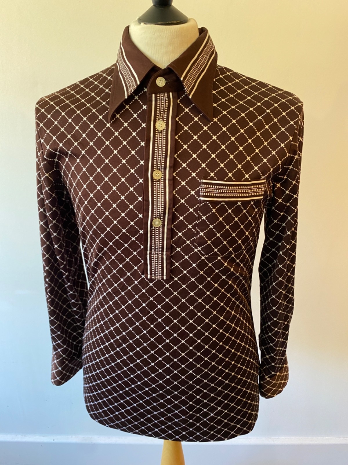 RARE mens 70s Vintage Brown check Dagger Collar Popover long sleeve Shirt 38" gallery