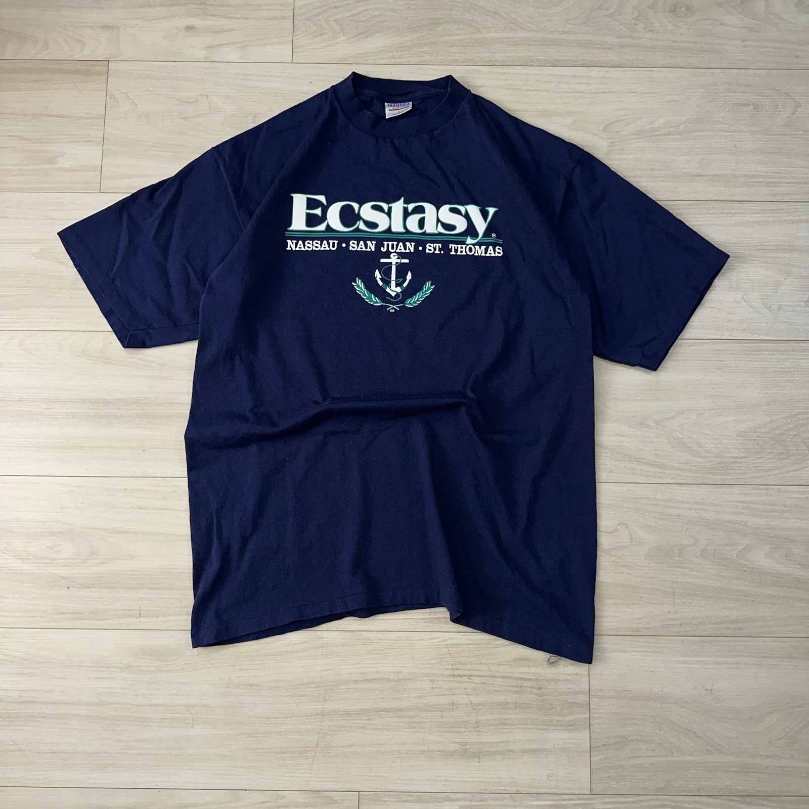 Vintage 90s Ecstasy Travel Shirt Size XL Navy Blue Islands San Juan Nassau Humor