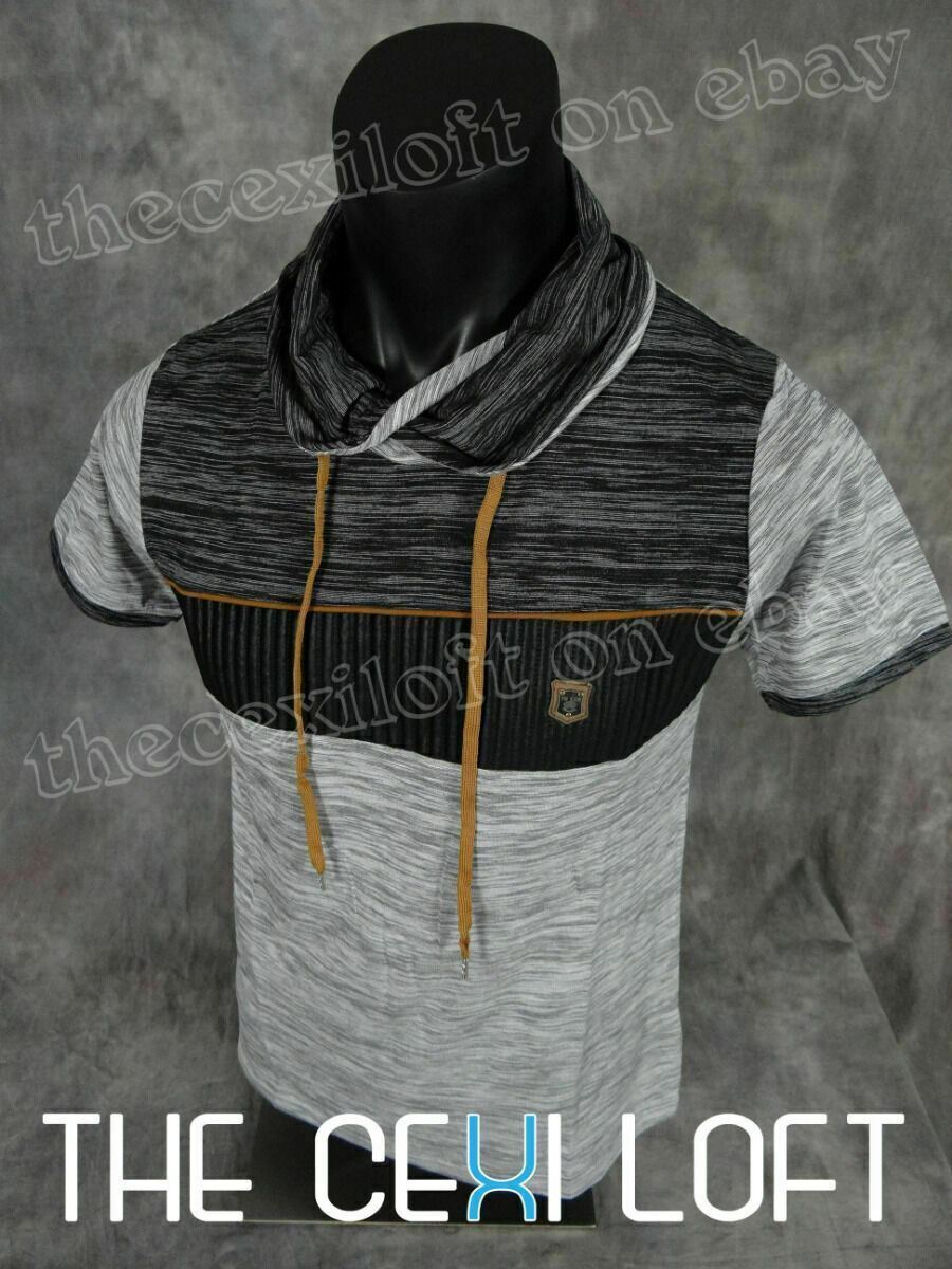 Mens Big Collar T-Shirt Grey Faux Leather Crest SLIM FIT Designer Short Sleeve