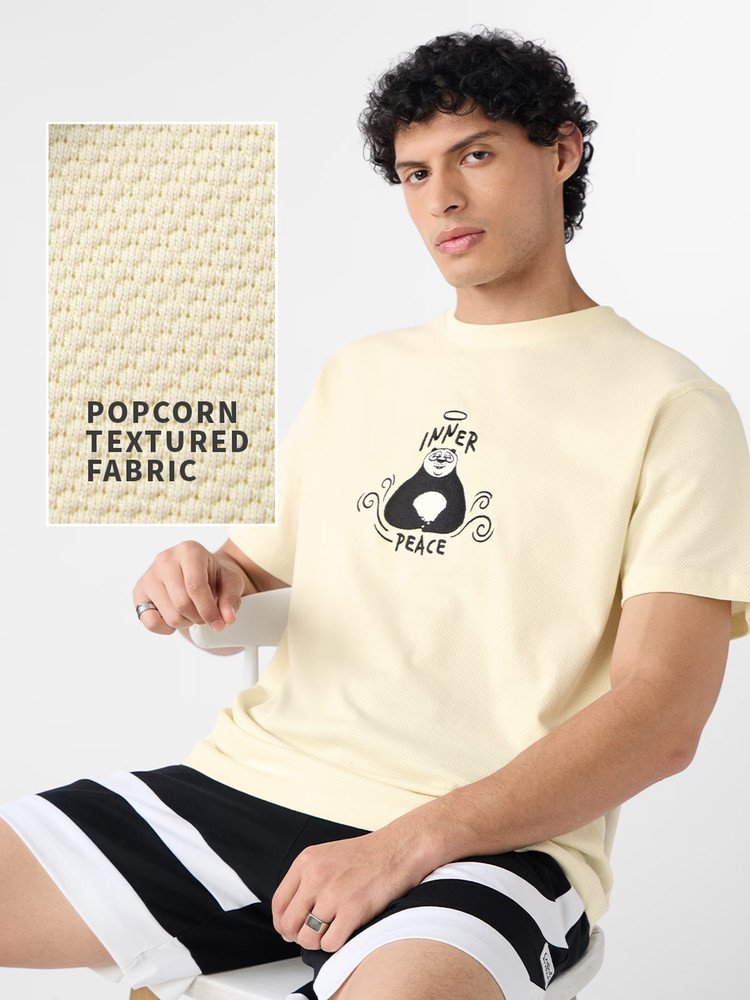 Kung Fu Panda Embroidery Details Textured T-Shirt Cotton Beige – Premium Fabric
