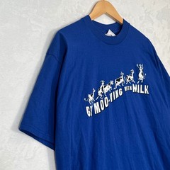 Vintage 90s Funny Jerzees Blue Get Moo-ving With Milk Graphic T-Shirt Large