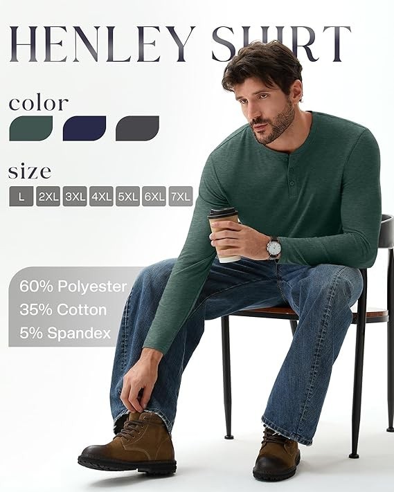 Ficerd Henley 3 Pack Men's Big & Tall Henley T-shirts Long Sleeve Plus Size Cot gallery