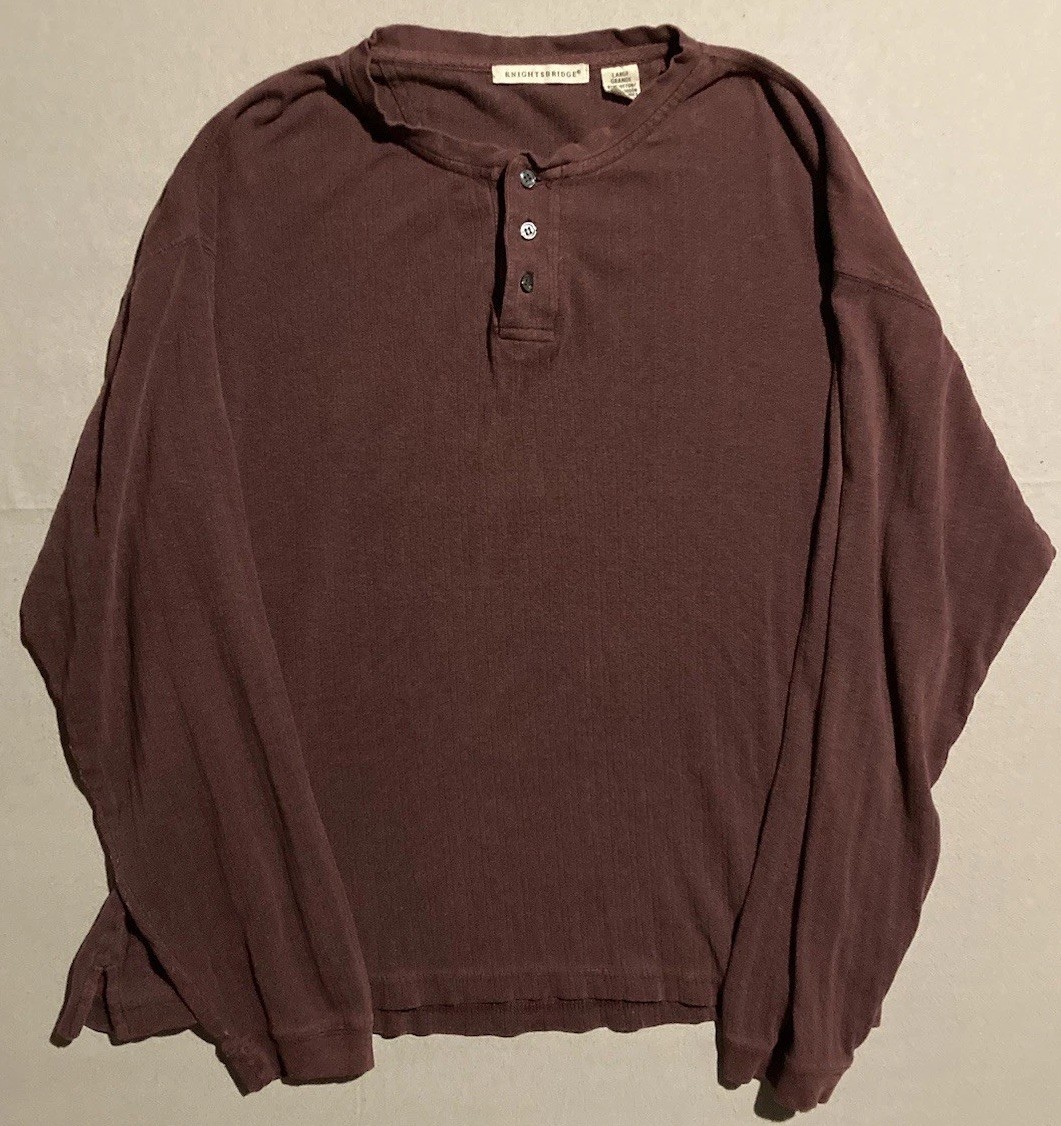 VTG 90s Ribbed Henley Shirt Men’s Large Maroon Heavy Textured Casual Work Church gallery