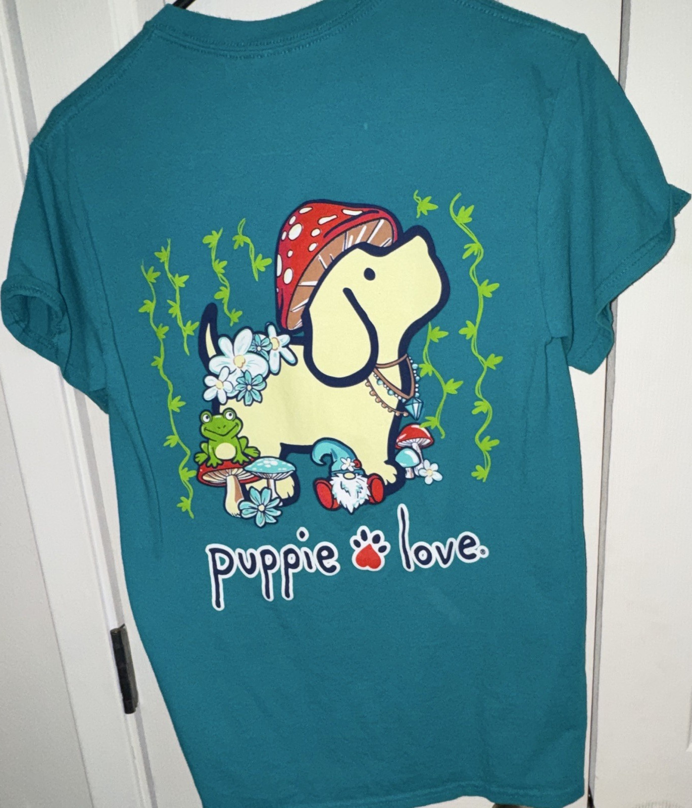 Puppie Love Teal Cotton Graphic Dog Print Crew Neck T-Shirt Size S