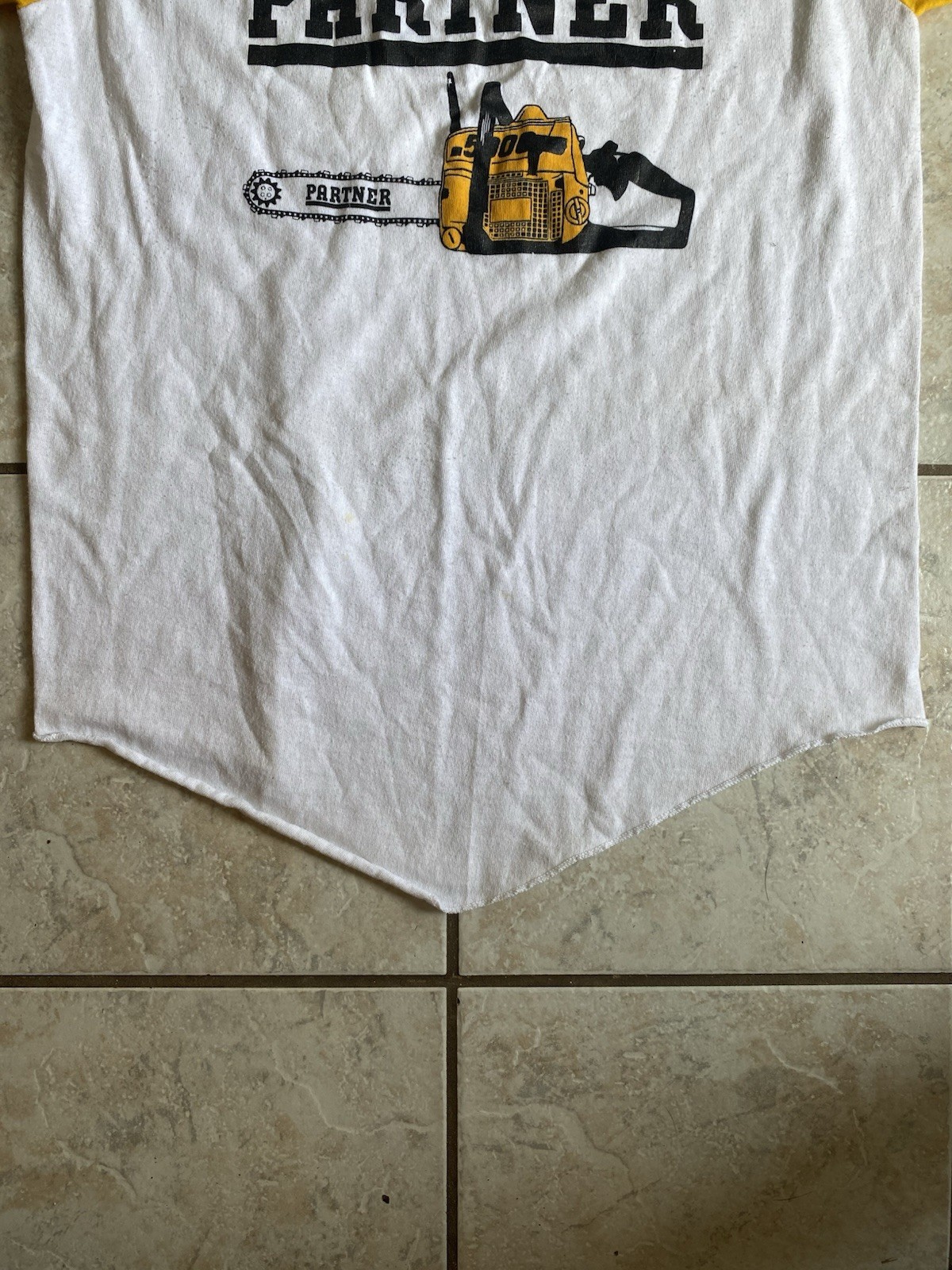 Vintage 1970’s 80’s Partner Chainsaws Workwear Sex Joke russel Ringer Tee Shirt gallery