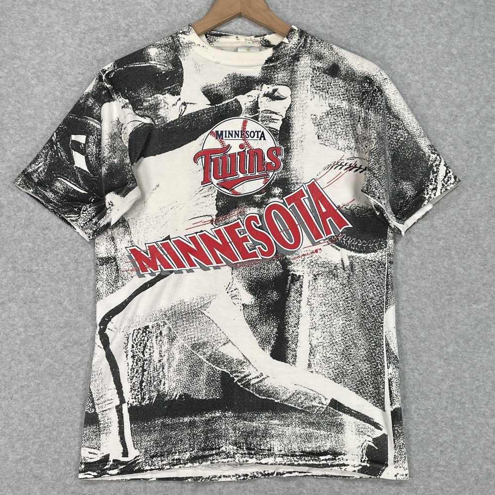 Vintage Minnesota Twins Shirt M White Black AOP Single Stitch 90s USA Baseball