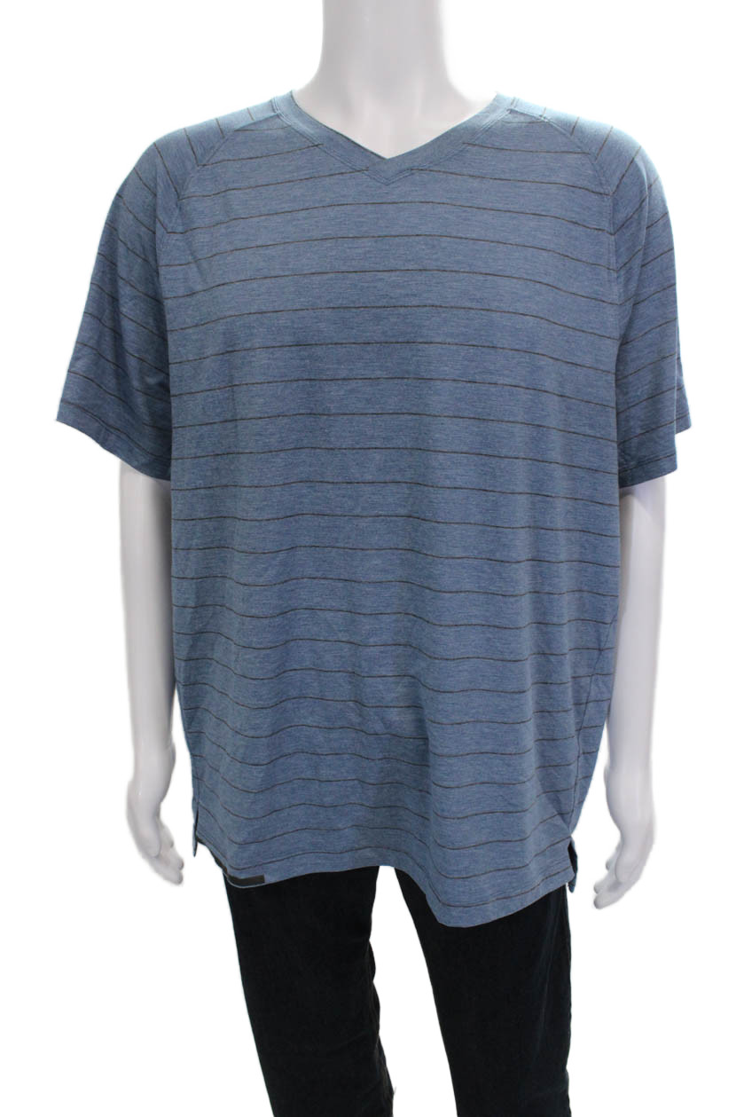 Lululemon Mens Blue Striped V-Neck Short Sleeve Nylon Blend T-Shirt Size XL gallery