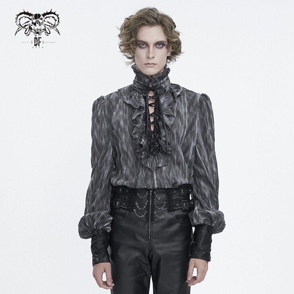 Devil Fashion Men Coffee Retro Lace-Up Long Sleeve Shirt Adjustable Rope Blouse