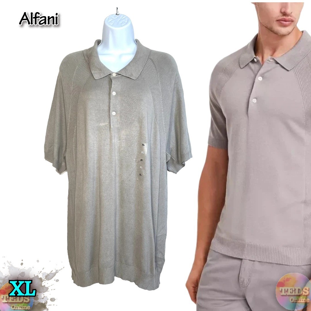 NWT Alfani Men's XL Ribbed Raglan Sweater-Knit Polo Shirt Willow Wood Ash $50 gallery