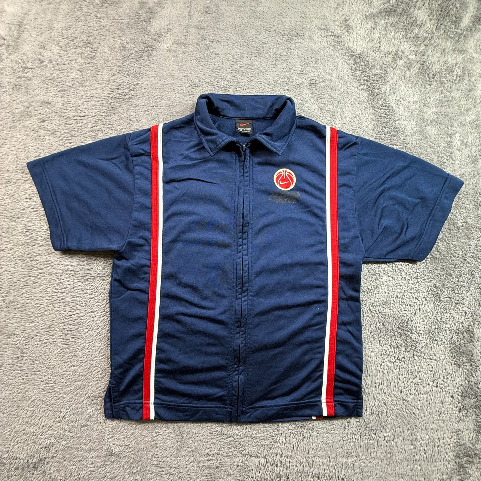Nike Mens S Basketball Warm Up Shirt Blue Red White Stripe Zip Jersey Vintage gallery