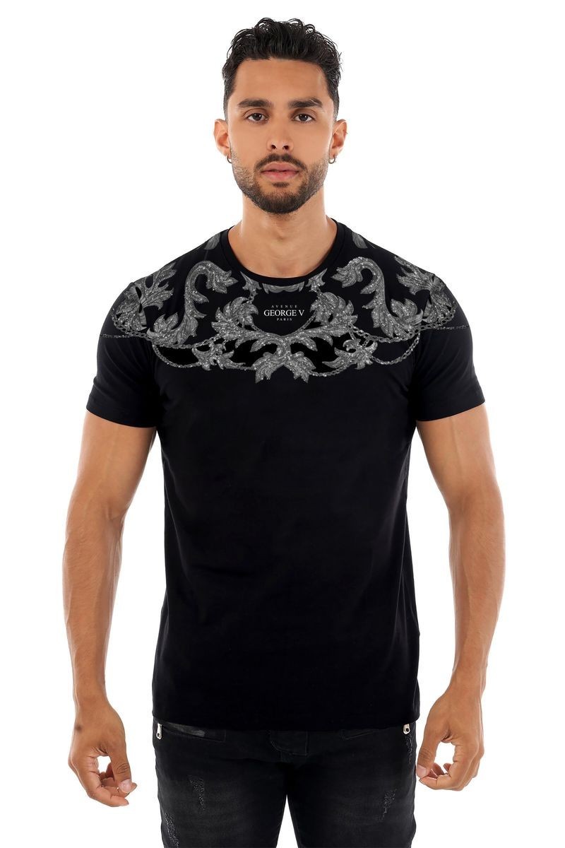 Avenue George V Paris Men Short Sleeves BLACK T-shirt Silver Chain rhinestone gallery