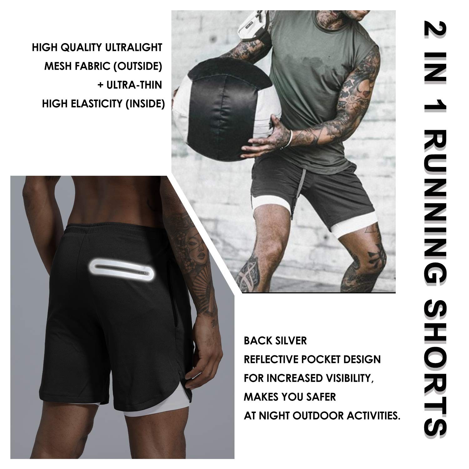 Leidowei Men's 2-in-1 Running Shorts Workout Jogger Gym Large, Green gallery