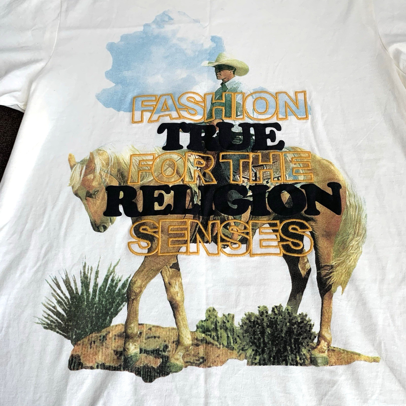 True Religion Mens T-Shirt Size Small Cowboy Graphic Print Embroidered Beige gallery