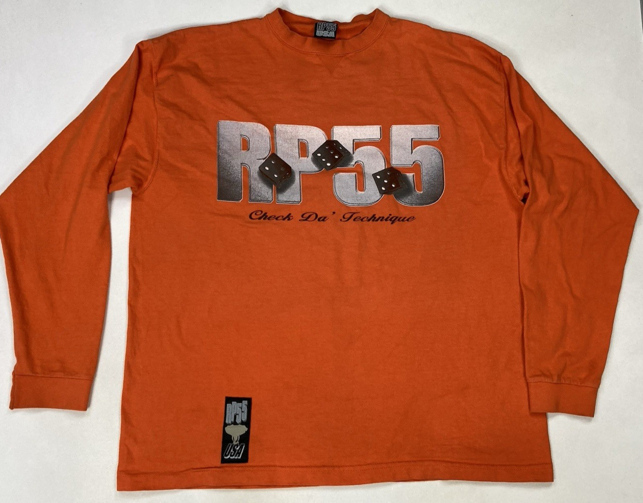 Vintage RP55 Check Da Technique Dice T-shirt Men XL Orange Long Sleeve USA 90s