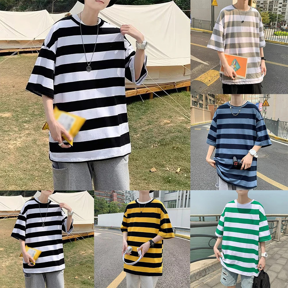 Men O Neck Short Sleeve Wide Striped T-Shirts Casual Loose Fit Blouse Tops Tee gallery