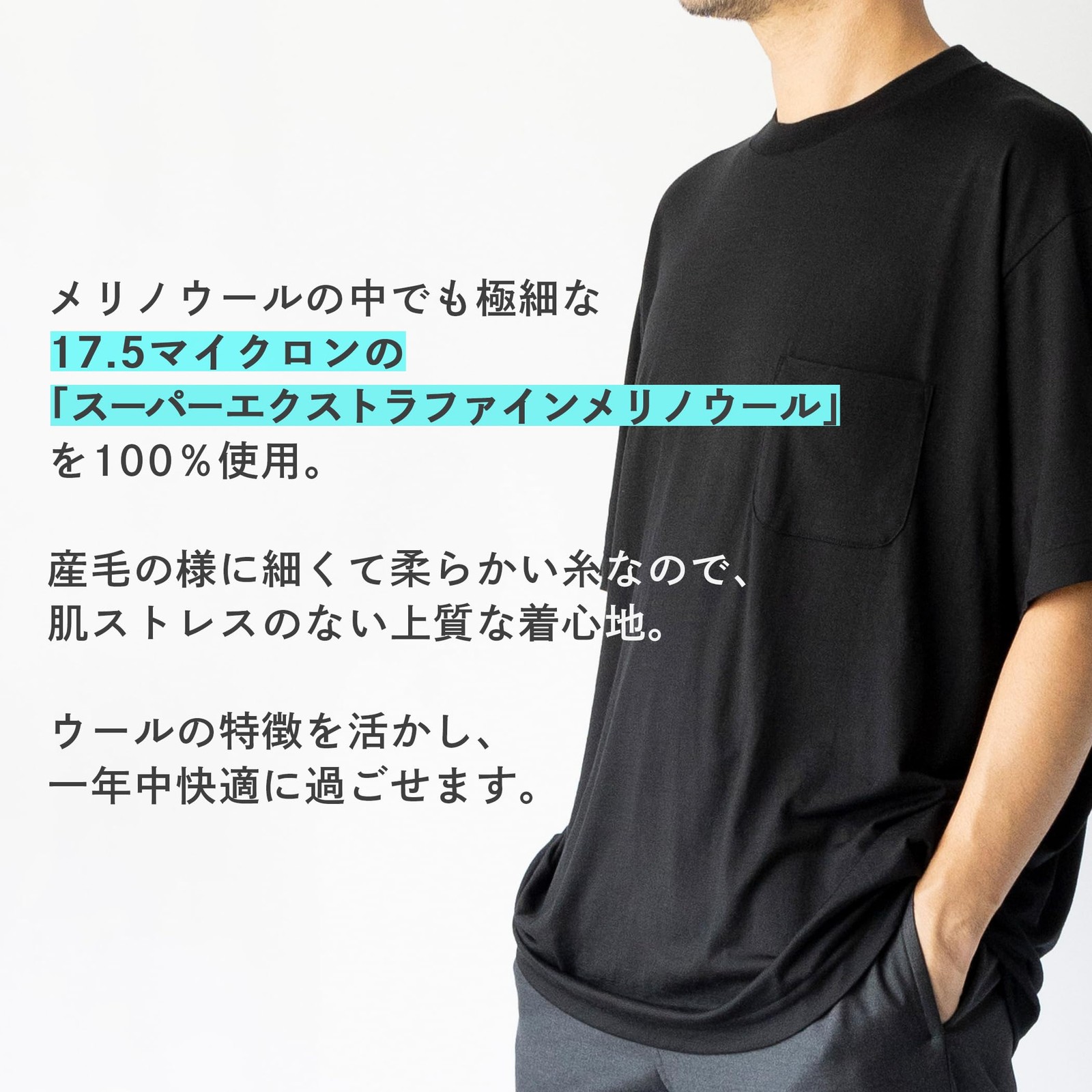 Amoriyasu Men's Merino Wool 100% Short Sleeve T-Shirt L Black gallery