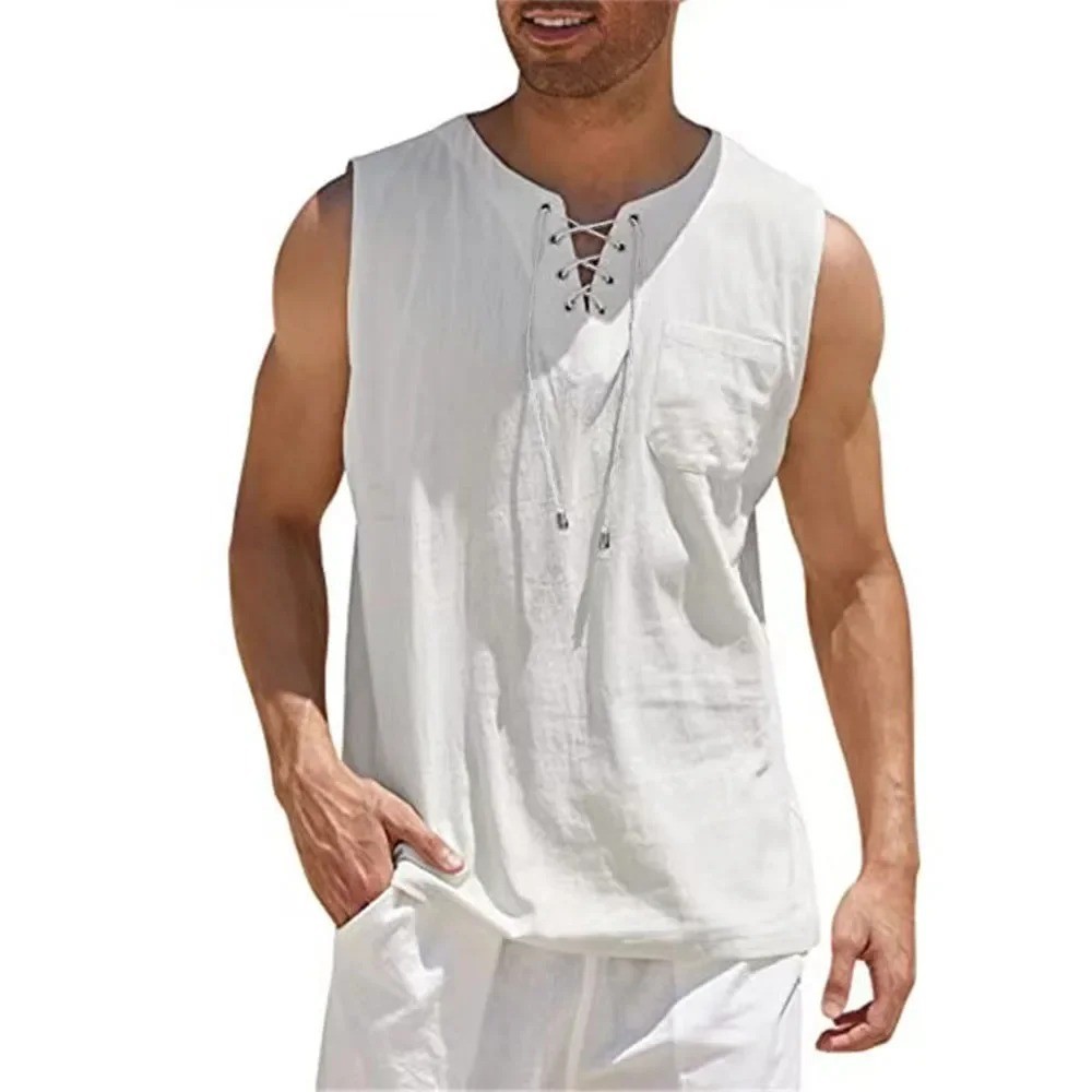 Men's Cotton Linen Sleeveless Lace Up Shirt Casual Retro V Neck Loose Tank Top V gallery
