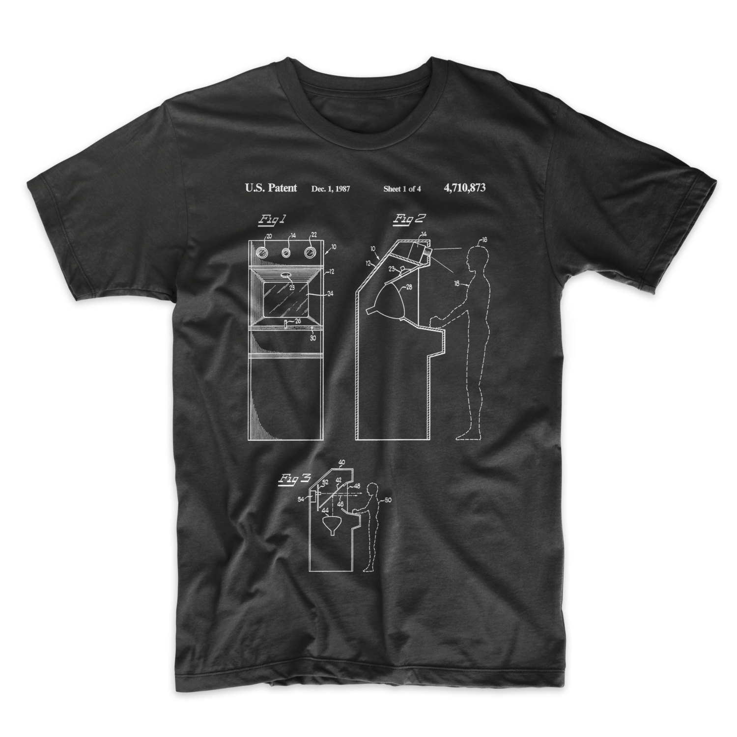 Arcade Game Patent Art T-Shirt. Video Game Gamer Shirt. Black, White or Gray NEW