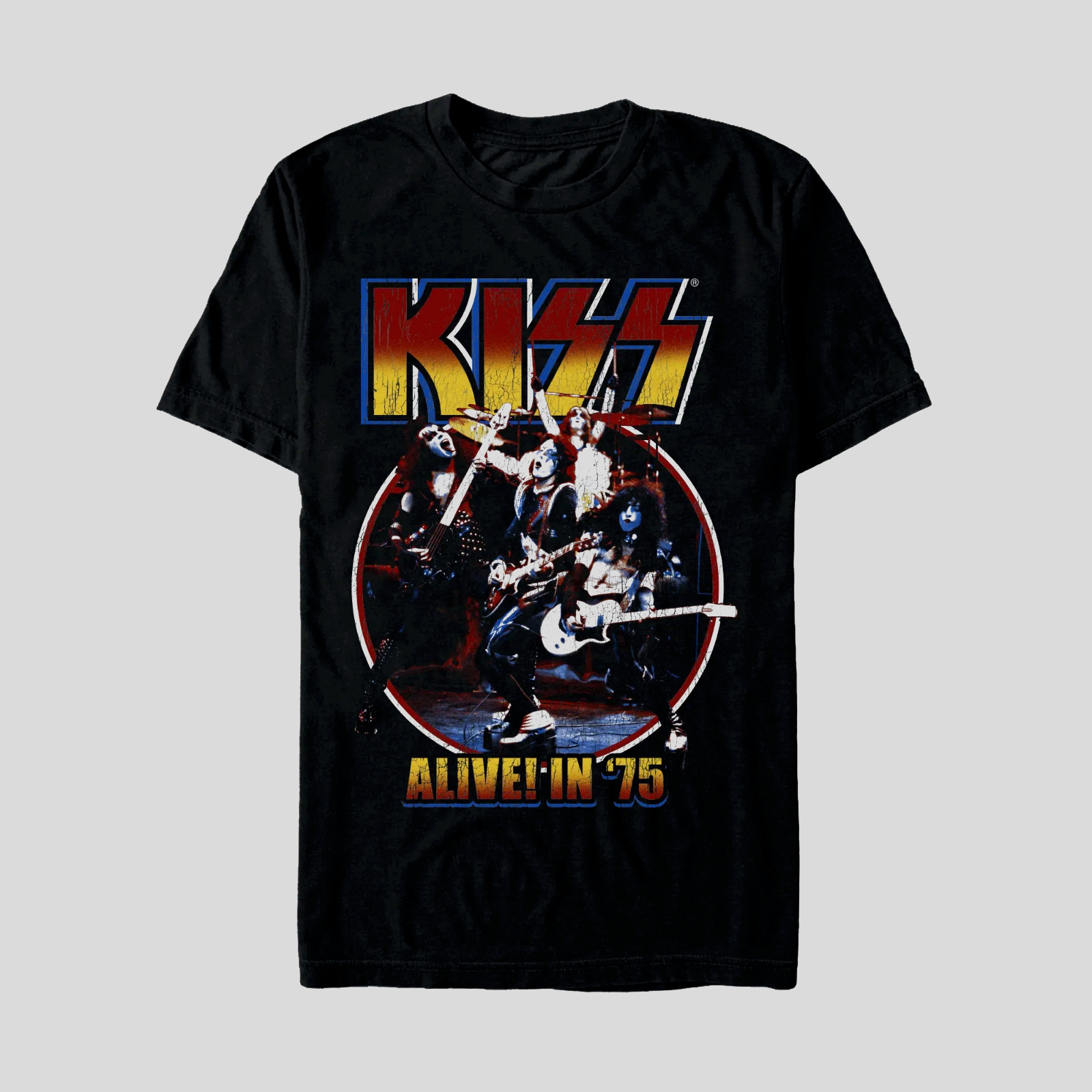 Small 34-36 KISS Mens Graphic Black Crew Neck Shirt Alive In 75 Music Group New gallery