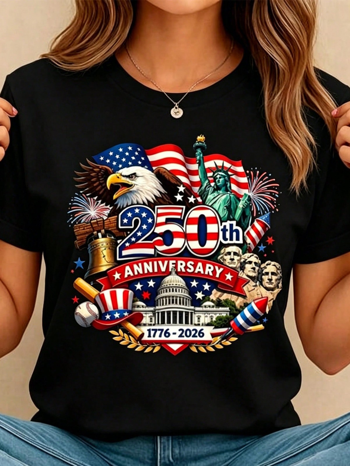 Women's Crew Neck Summer Tee USA 250th Anniversary Patriotic Print Regular gallery