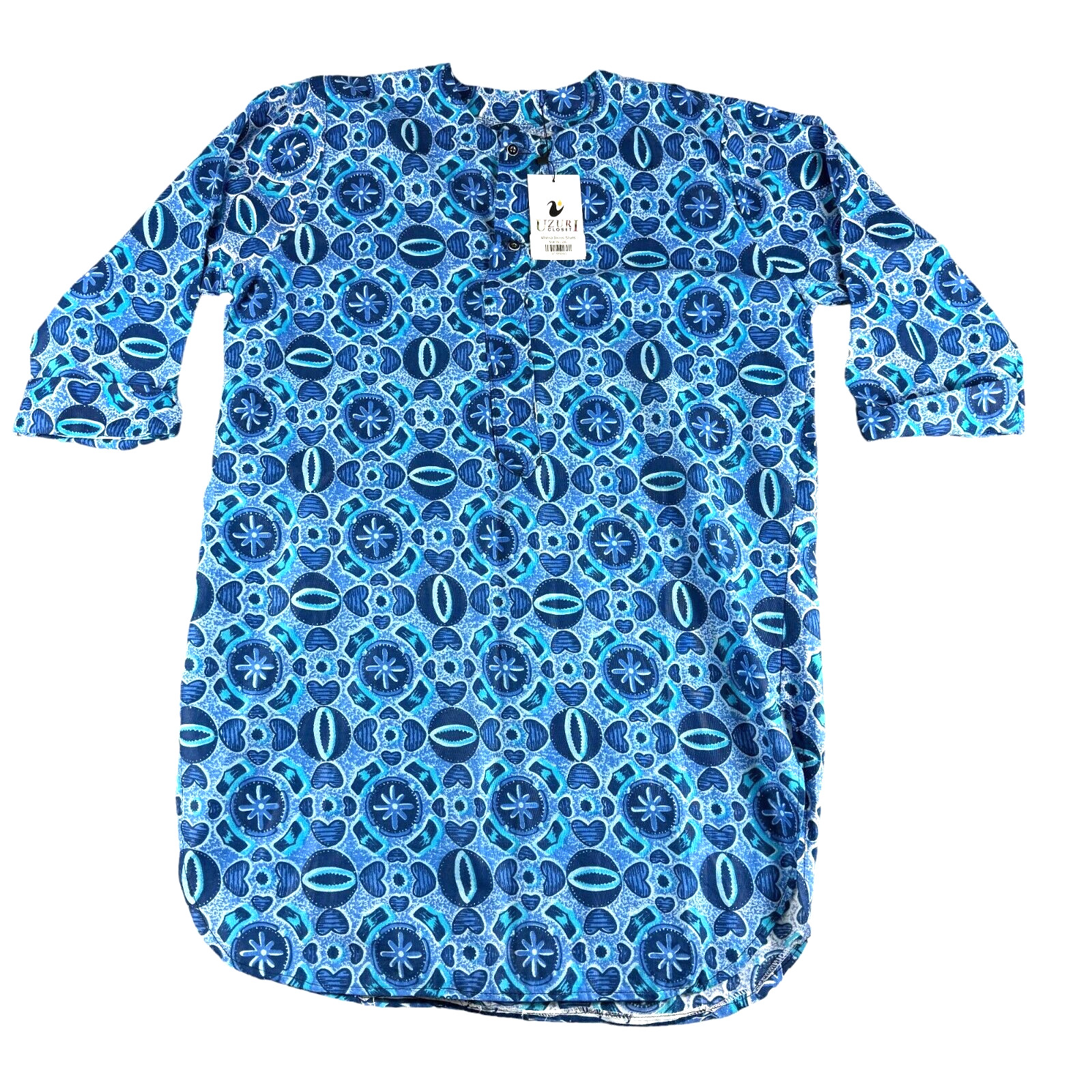 Uzuri Closet Dress Shirt Men’s 2XL Blue Matina African 3/4 Sleeve Geometric NWT