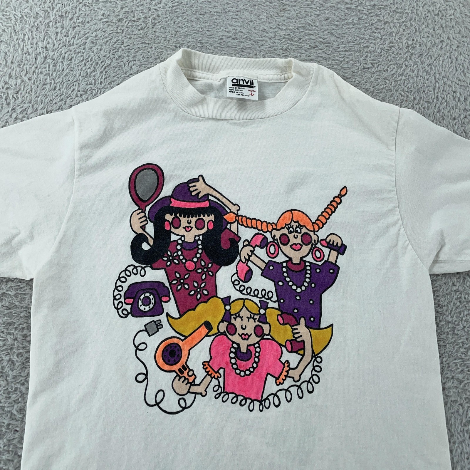 Vintage 90s Girls Beauty Salon Cartoon T-Shirt XXS Telephone Hair Graphic Art gallery