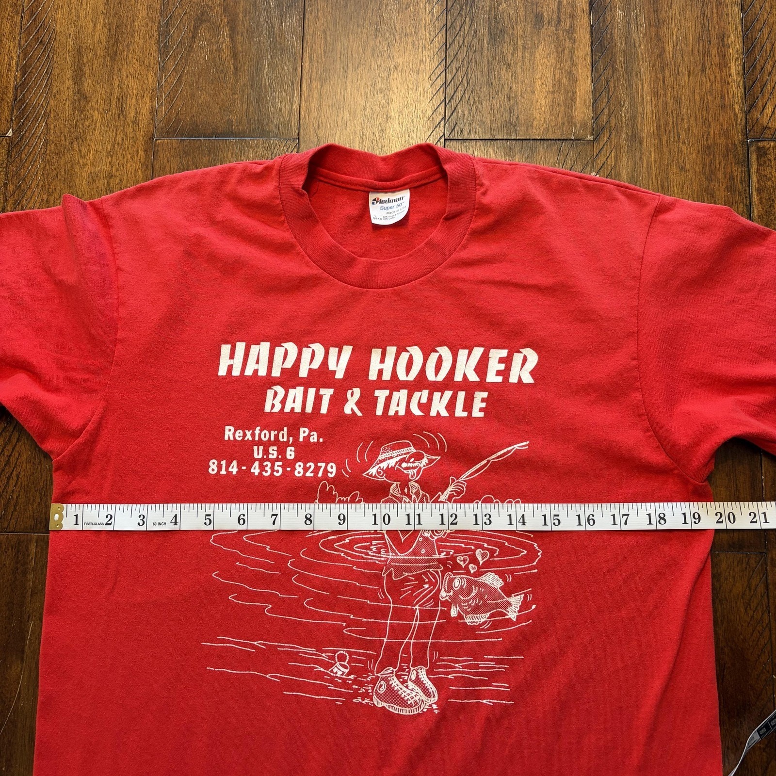 Vintage Stedman Happy Hooker Bait & Tackle Shirt Mens Large Red Fishing 80s gallery