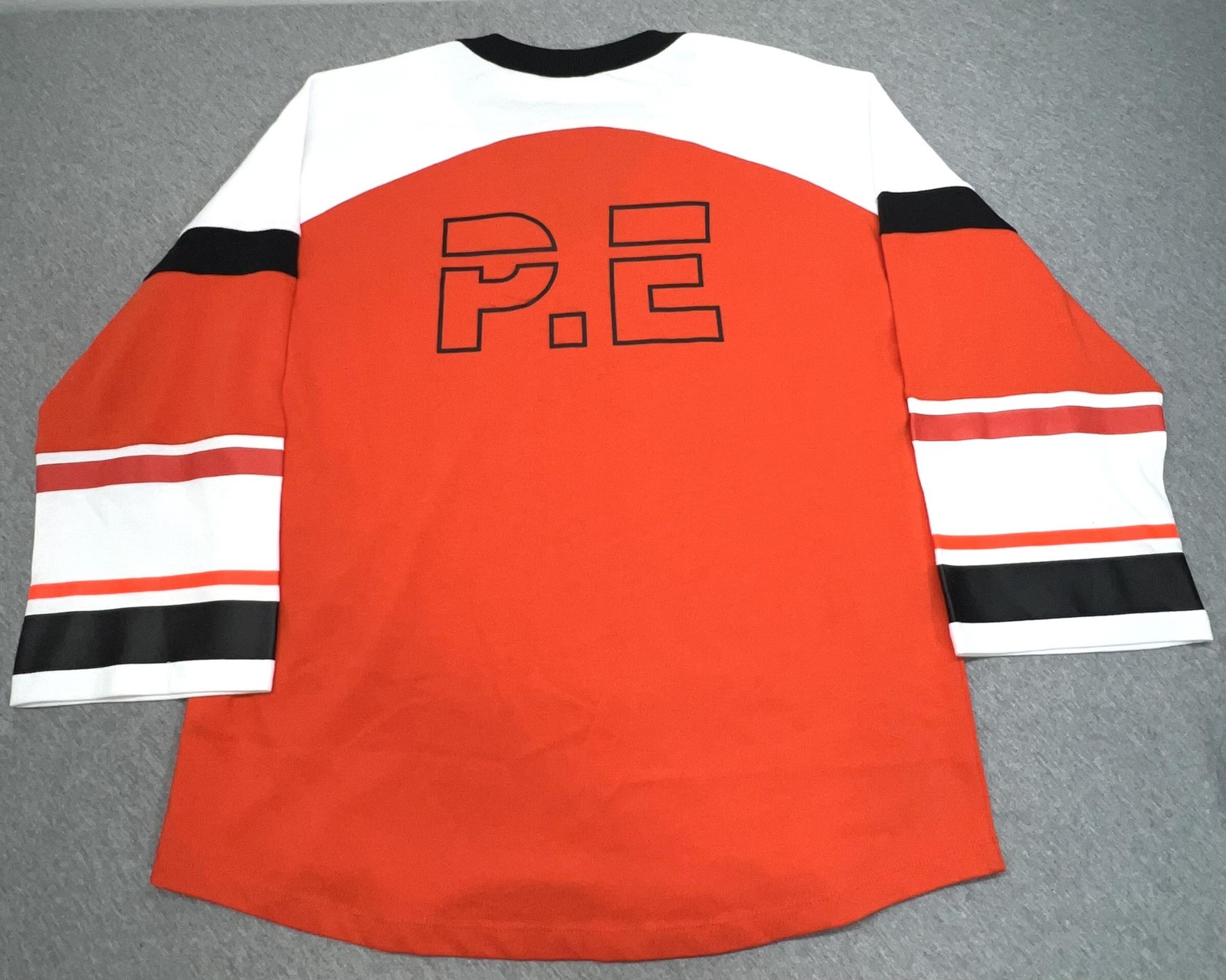 P.E Shirt Mens Small Orange White Hockey Jersey Lace Up Long Sleeve Top gallery