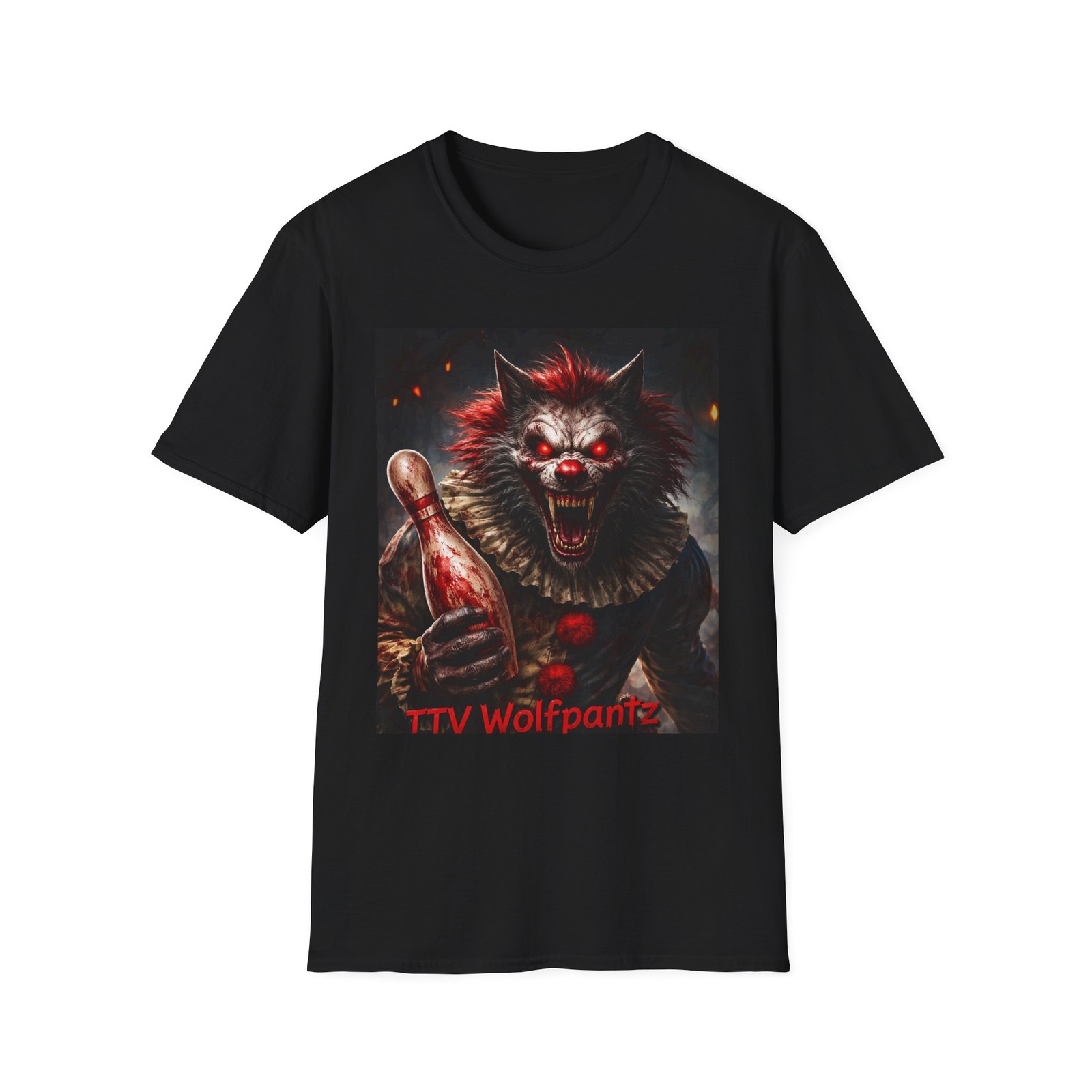 Wolf Clown Horror T-Shirt — ‘TTV Wolfpants’ Graphic, “Join the Pack” Back Design