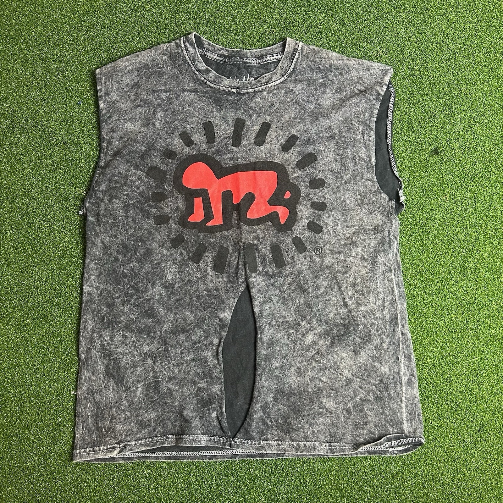 Keith Haring Radiant Baby Cropped Acid Wash Tank Top Gray Red gallery
