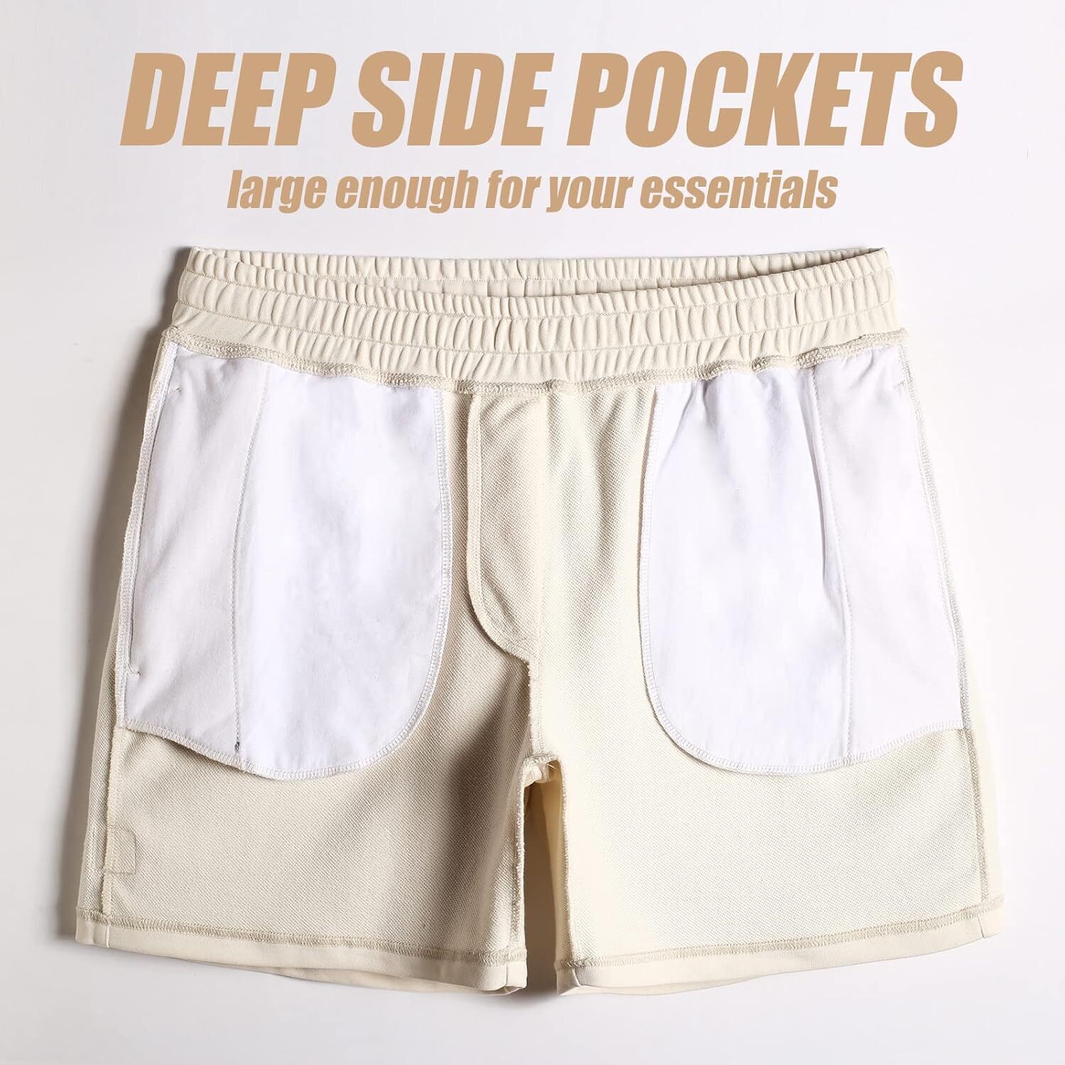 maamgic Mens Athletic Gym Shorts 5.5" Elastic Waist Casual Large, Ivory gallery