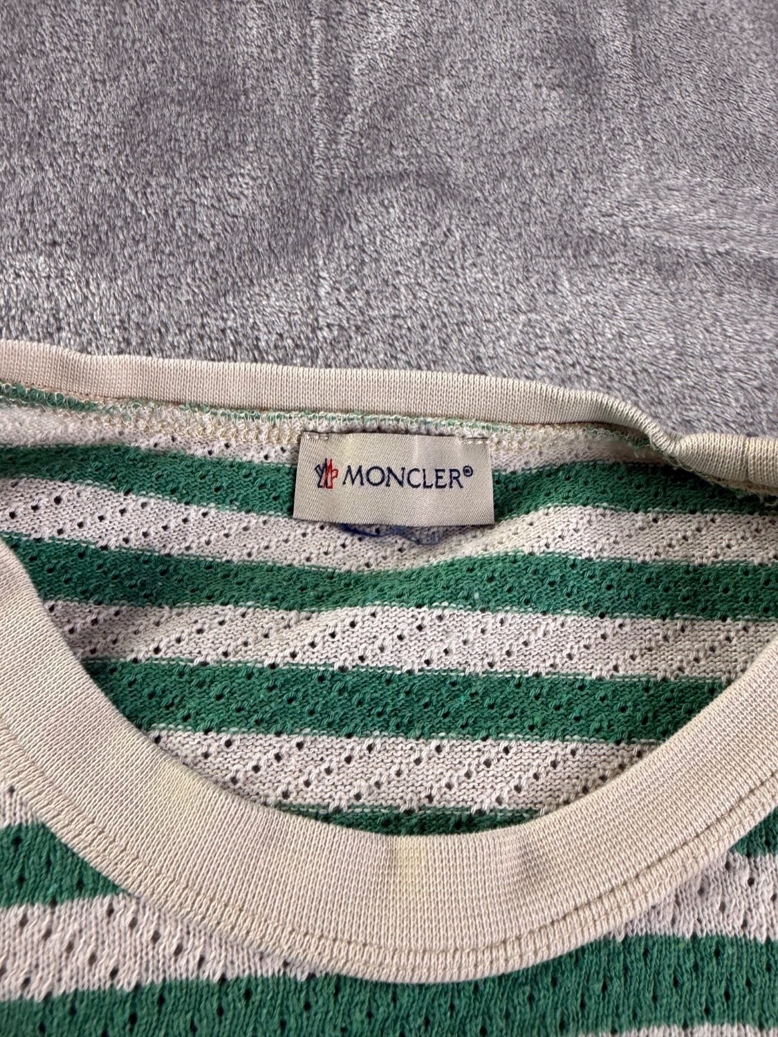 Moncler Striped Pointelle Knit T-Shirt Green White Terry Logo Patch Men's Size M gallery