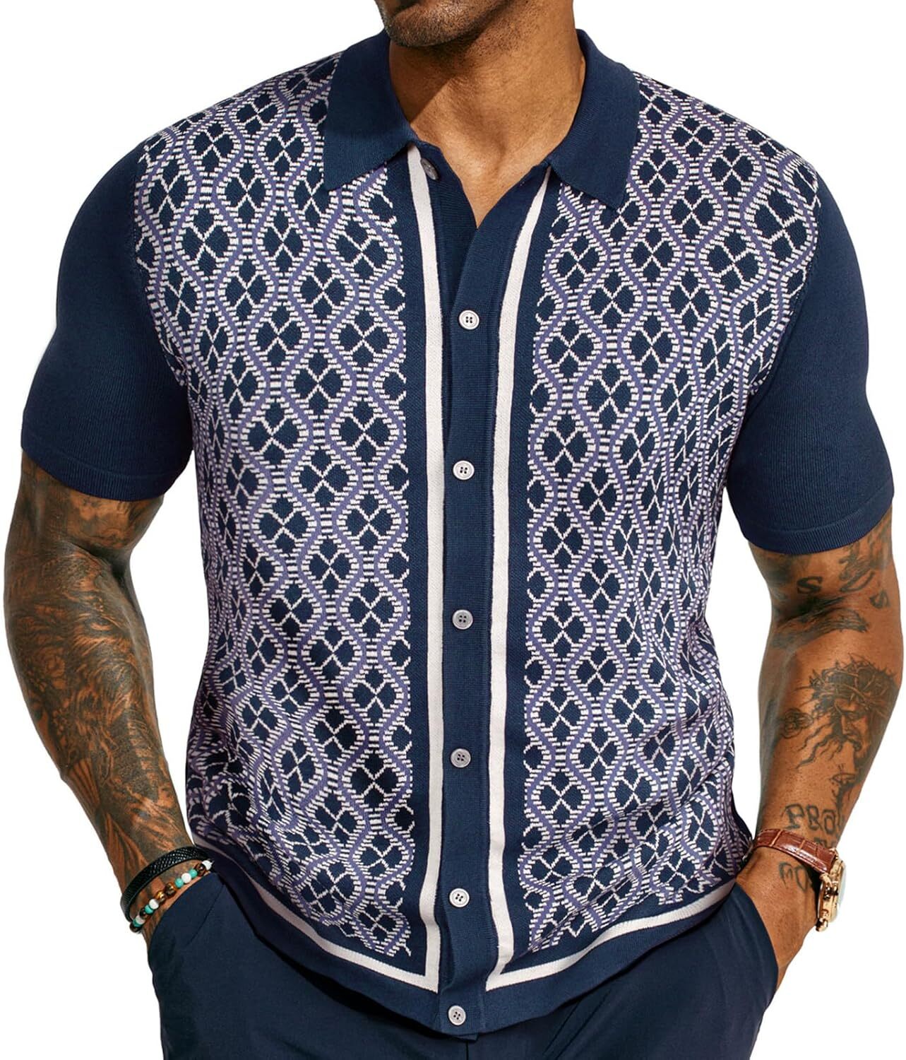 Men's Vintage Knitted Polo Shirt 70s Style Contrast Color Short Sleeve Casual gallery