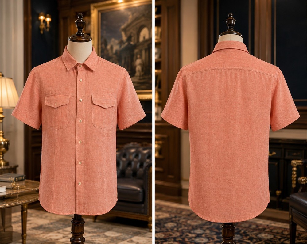 Bugatchi Uomo 100% Linen Coral Pink Short Sleeve Button Front Shirt Men’s Medium