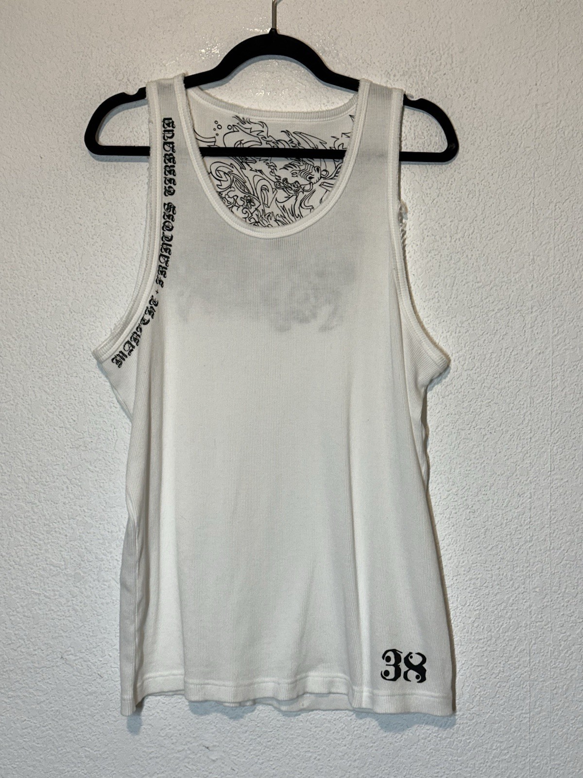 Y2K Marithe Francois Girbaud 38 Distressed Ribbed White Tank Top Dragon Graphic gallery