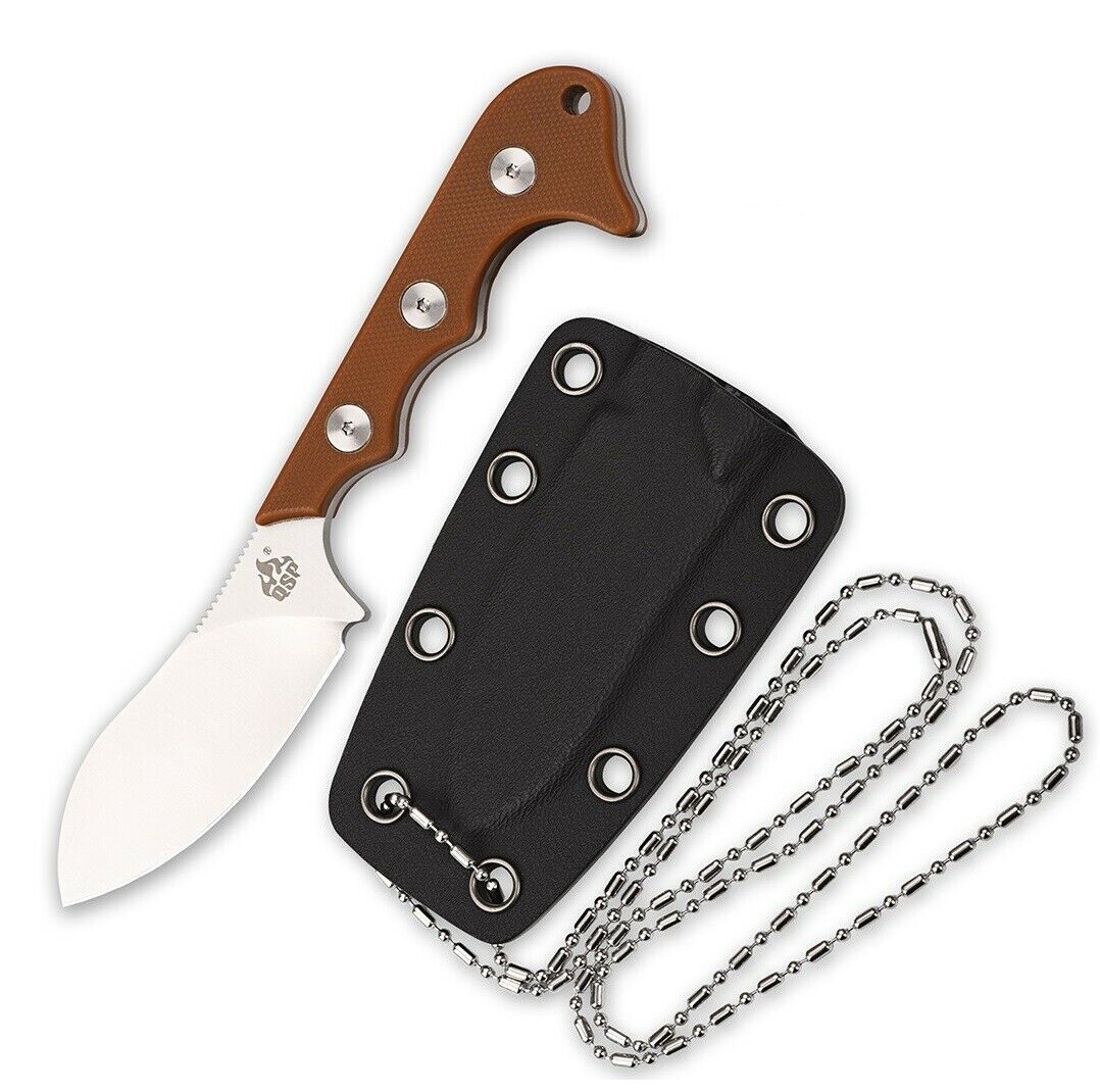QSP Knife Neckmuk Neck Fixed Knife 2.88″ D2 Tool Steel Blade Brown G10 Handle