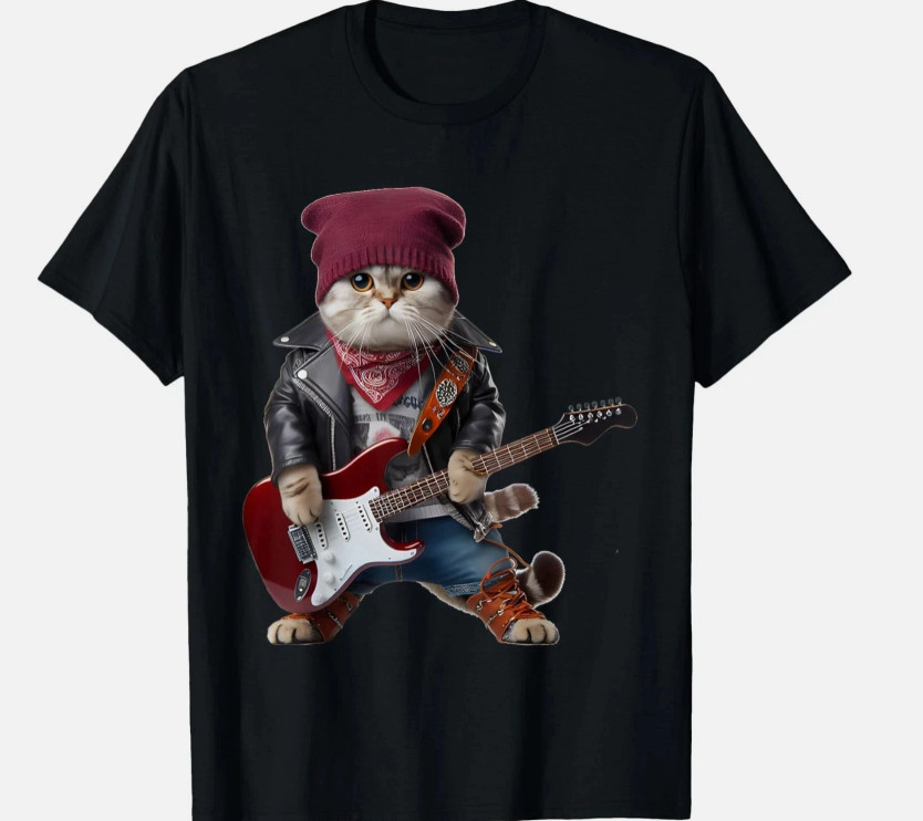 Cat Playing Guitar Cute Funny Cute Rock Rockin Cat new T Shirt