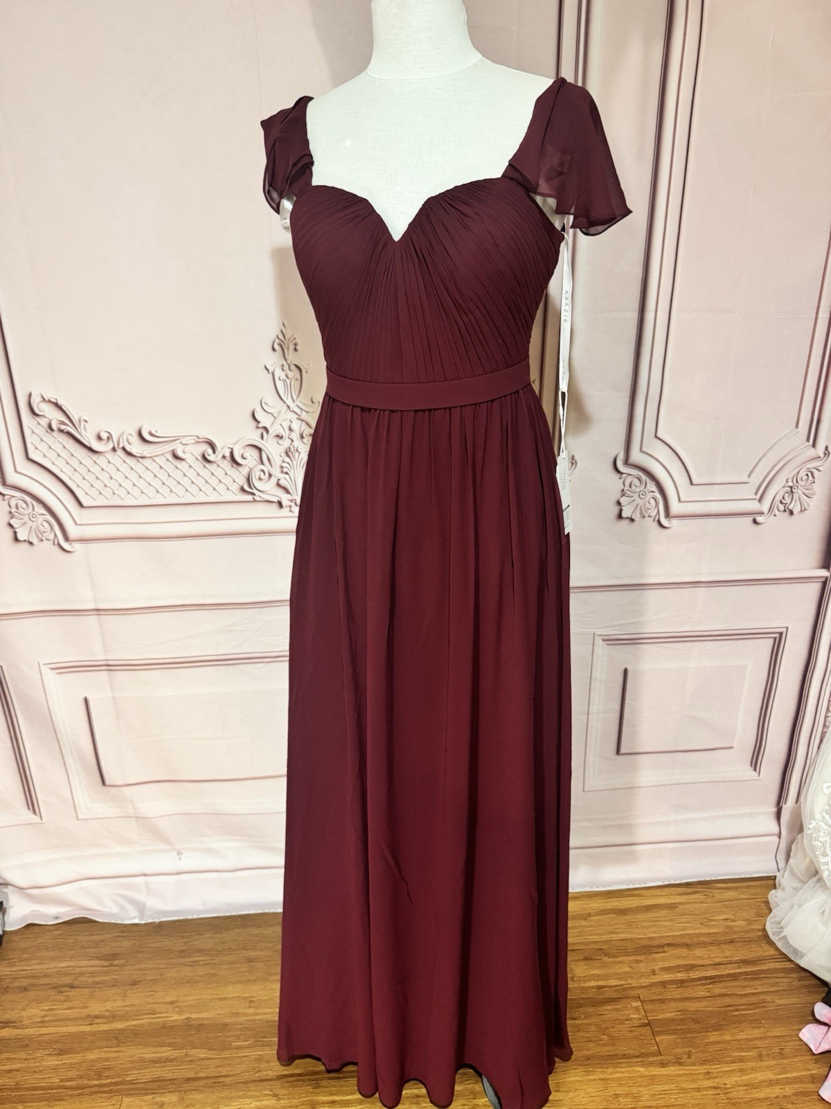 Azazie Woman Burgundy A-Line Lace Chiffon Dress Size A6 Sweetheart & Cap Sleeves
