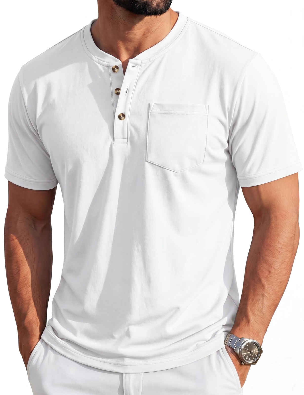 MAGCOMSEN Mens Henley Shirt Short Sleeve Cotton Casual Summer Tee Pocket T-Shirt