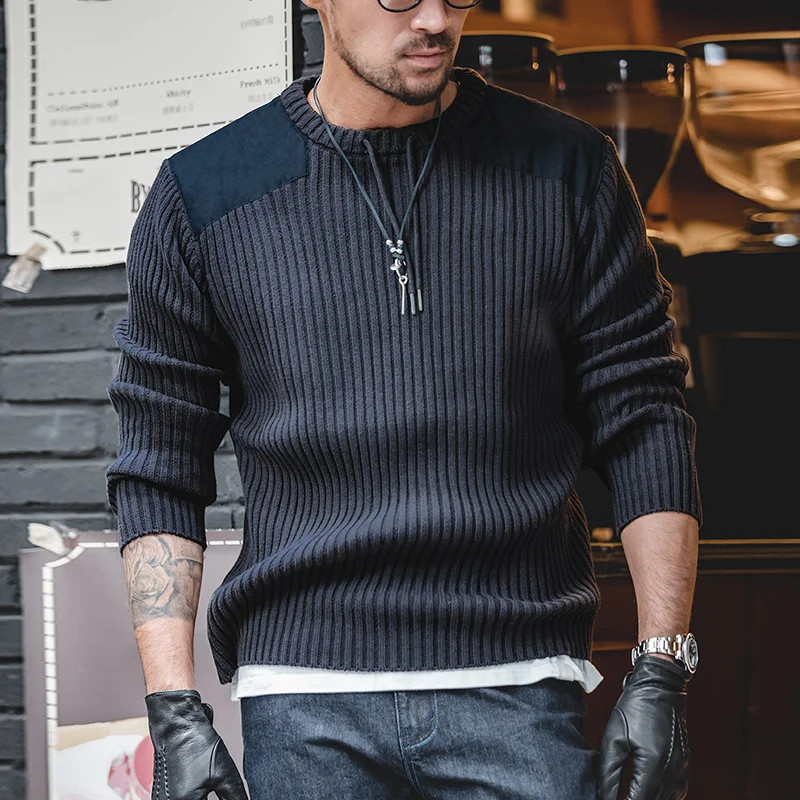 Maden Vintage Vertical Stripes Splicing Jumper Round Ne Slim Tactical Knit Swe gallery