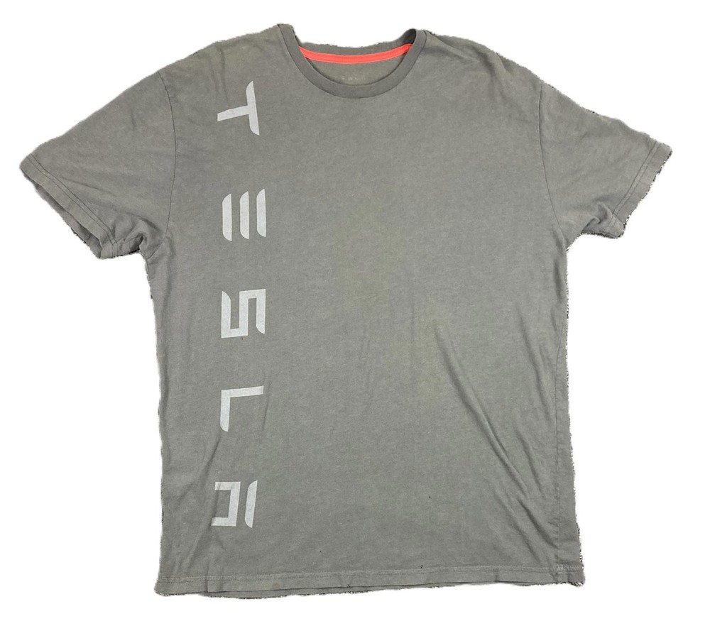 Tesla T-Shirt Vertical Logo Men’s Gray Employee Team Wear Sz XL