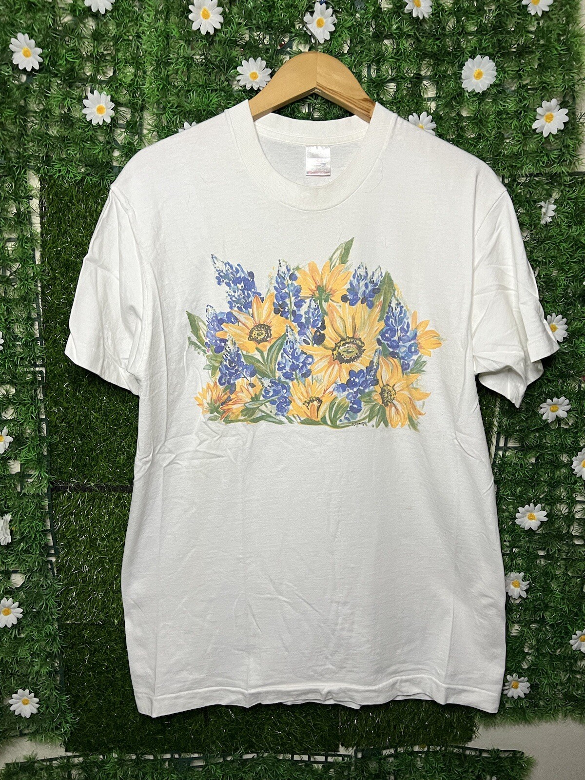 Vintage 1996 Sunflowers Outdoor Nature Art T-Shirt Large White USA Made FOTL SEE
