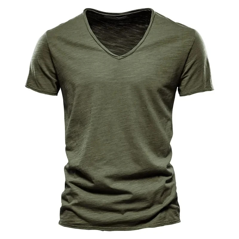 2024 hot summer men’s new solid color V-neck pure cotton short sleeved T-shirt h